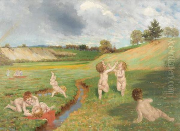 Spielende Putti Auf Einer Wiese Im Fruhling. Oil Painting by Hans Thoma