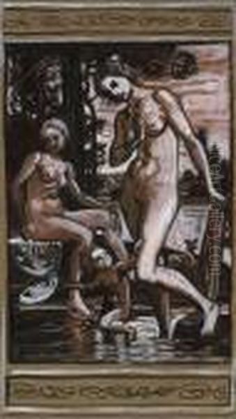 Zwei Nymphen Im Bad Oil Painting by Hans Thoma