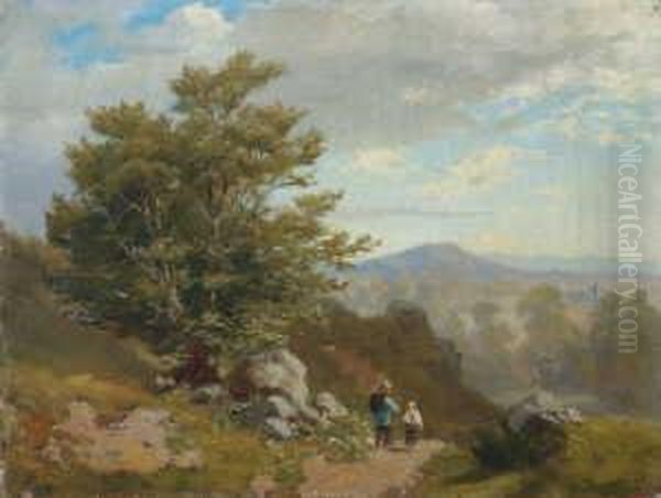 Gebirgslandschaft Mit Zwei
 Wanderern. Oil Painting by Hans Thoma