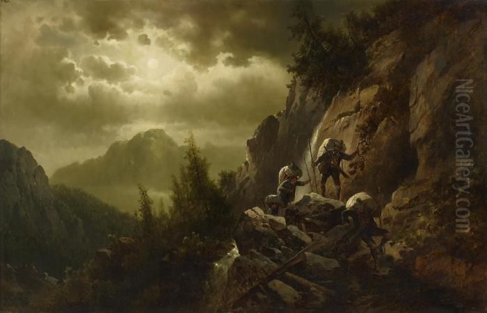 Schmuggler Im Mondschein Auf Demgebrigspfad Oil Painting by Josef Thoma