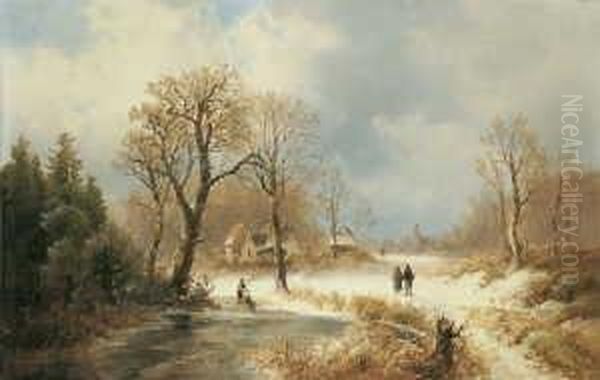Winterliche Waldlandschaft Mit
 Bauernhausern. Oil Painting by Josef Thoma