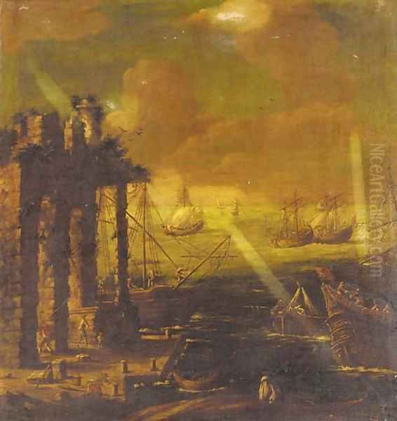 A Mediterrannean harbour with men-'o-war and other shipping Oil Painting by North-Italian School