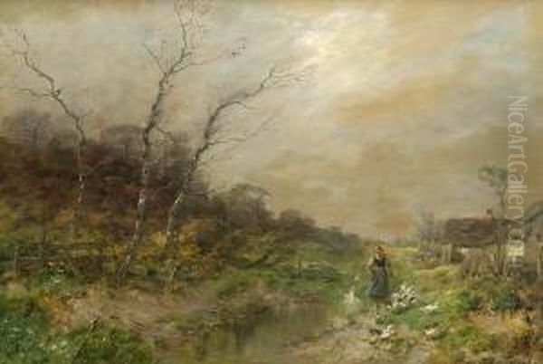 Magd Mit Enten Am
 Wassertumpel Oil Painting by Desire Tomassin