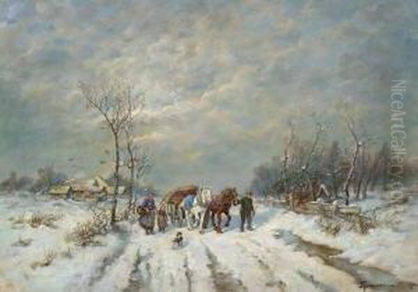 Bauernfamilie Mit Pferdefuhrwerk
 In Winterlandschaft. Oil Painting by Desire Tomassin