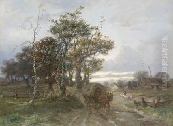 Pferdefuhrwerk Auf Der Dorfstrase
 Nach Dem Regen. Oil Painting by Desire Tomassin