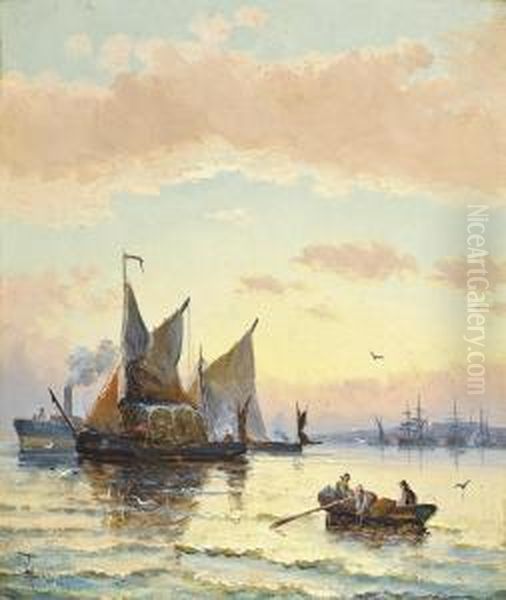Hay Barges On The Medway At Dusk Oil Painting by William A. Thornley or Thornbery