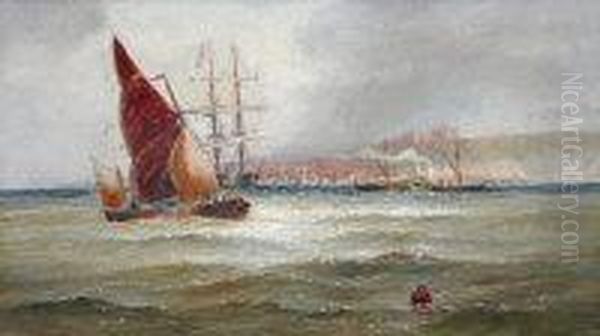 Sailing Boats And Paddle Steamer In A Seascape With Whitby In The Distance Oil Painting by William A. Thornley or Thornbery