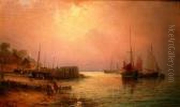 Fishing Boats Off Shore Oil Painting by William A. Thornley or Thornbery