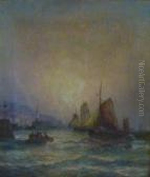 Fishing Boats Entering Scarborough Harbour Oil Painting by William A. Thornley or Thornbery