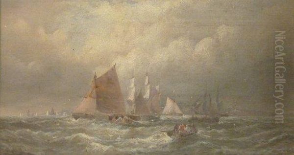 Fishing Boats Off Scarborough Oil Painting by William A. Thornley or Thornbery