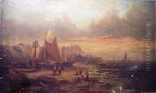 Boats On The Shore, Whitby Oil Painting by William A. Thornley or Thornbery