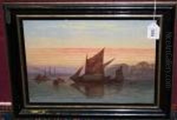 Barges At Sunset With Shippingbeyond Oil Painting by William A. Thornley or Thornbery