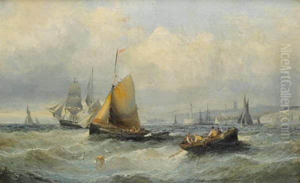 Shipping Off A Harbour Mouth Oil Painting by William A. Thornley or Thornbery