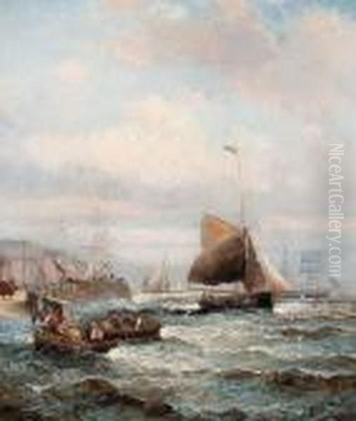 A Busy Harbour Scene Oil Painting by William A. Thornley or Thornbery