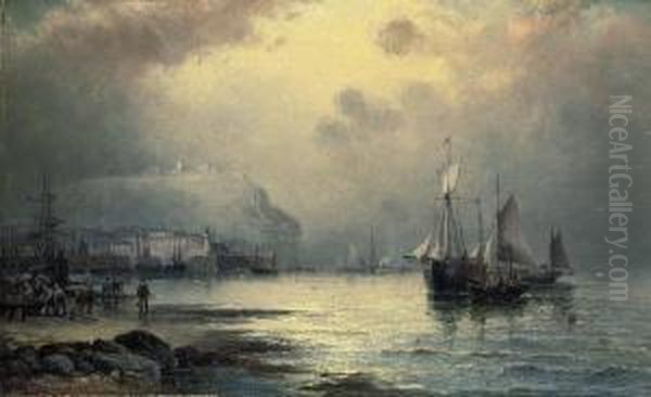 Fishing Vessels Off Scarborough At Dusk Oil Painting by William A. Thornley or Thornbery