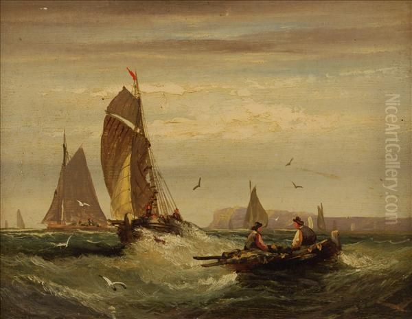 Rowing Out Theharbour Mouth By Moonlight Oil Painting by William A. Thornley or Thornbery