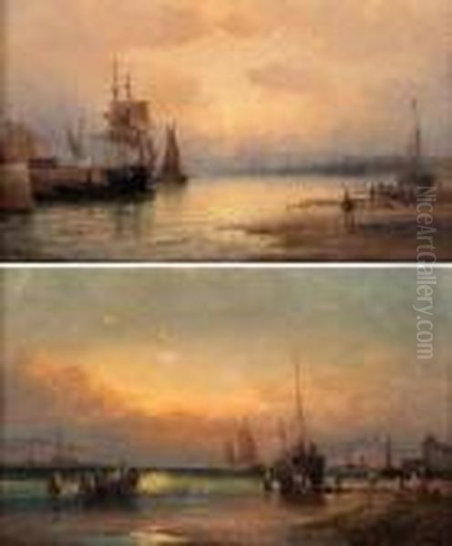 Coastal Scenes With Figures And Fishing Boats Oil Painting by William A. Thornley or Thornbery