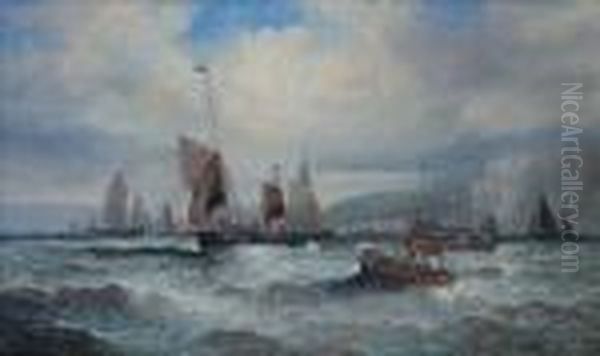 Fishing Boats Off The Coast Oil Painting by William A. Thornley or Thornbery
