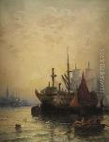 Shipping On The Medway Oil Painting by William A. Thornley or Thornbery