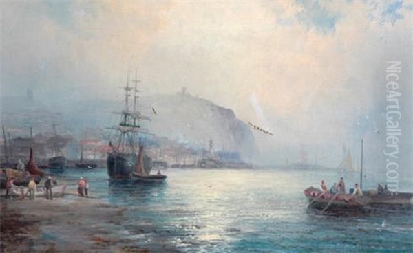 Shipping And Small Fishing Boats Outside Withy Harbour Atsunset Oil Painting by William A. Thornley or Thornbery