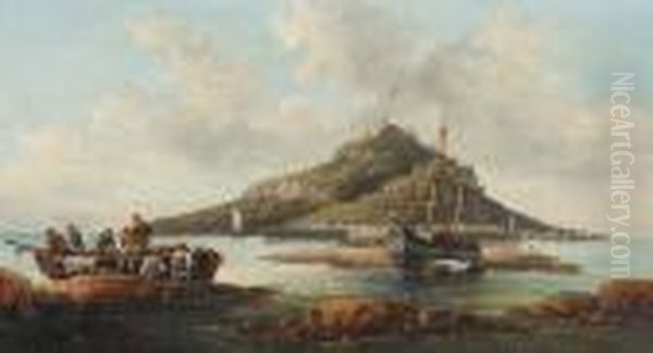 Coastal Scene With Islet And Fishing Folk Oil Painting by William A. Thornley or Thornbery