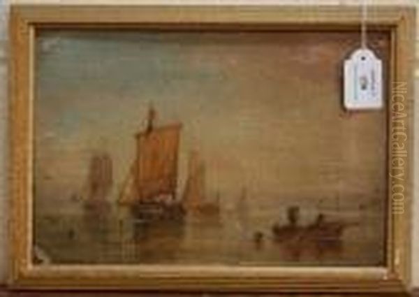 Coastal View With Figures In A Rowing Boat And Sailing Vessels Oil Painting by William A. Thornley or Thornbery