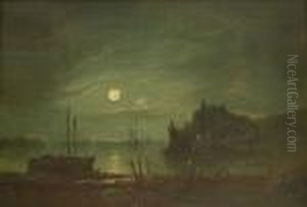 Fishing Boats With Nets Drying On The Shoreline By Moonlight Oil Painting by William A. Thornley or Thornbery