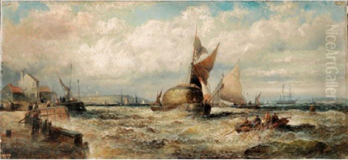 Wind Against Tide, Barges, Mouth
 Of The Thames; A Fresh Breeze, Old Hulks On The Hamoaze, Devonport Oil Painting by William A. Thornley or Thornbery