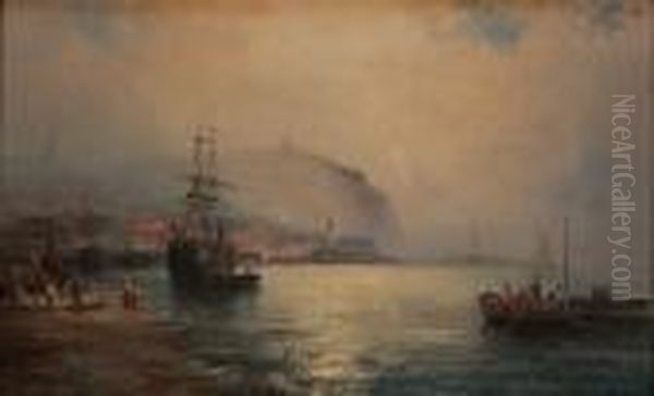 Coastal View Of A Busy Harbour Oil Painting by William A. Thornley or Thornbery