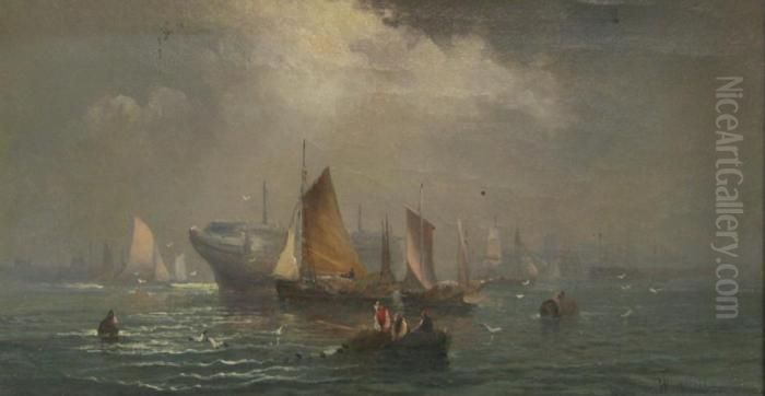 A Fishing Boat Collecting Its Catch On The Edge Of A Busy Harbour Oil Painting by William A. Thornley or Thornbery