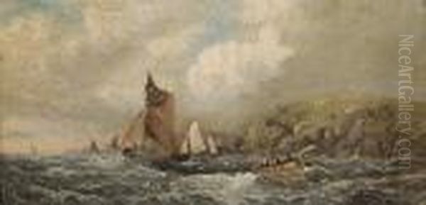Fishing Vessels Off The Coast Oil Painting by William A. Thornley or Thornbery