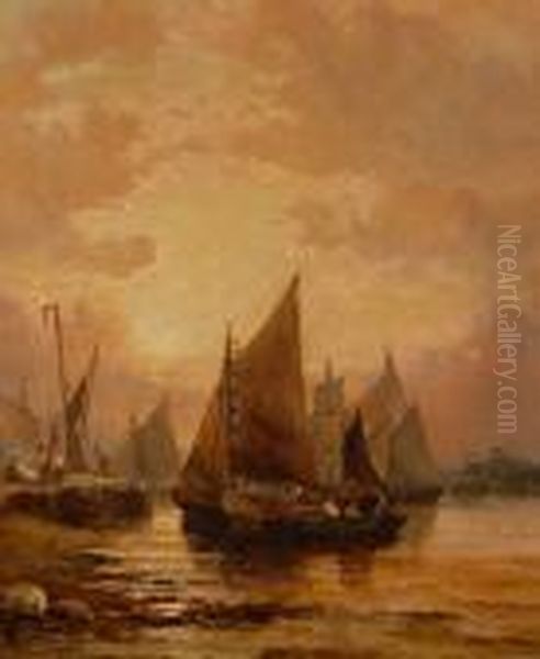Fishing Harbour Scene At Sunset Oil Painting by William A. Thornley or Thornbery