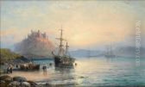 An Old Brig Lying Off The Beach Belowlindisfarne Castle, Holy Island Oil Painting by William A. Thornley or Thornbery