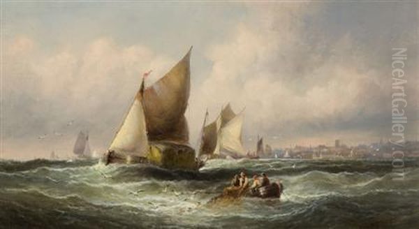 Hay Barge And Fishing Vessels In The Thames Estuary Oil Painting by William A. Thornley or Thornbery