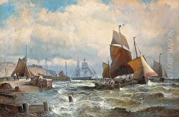 Shipping Off A Pier In A Stiff Breeze Oil Painting by William A. Thornley or Thornbery