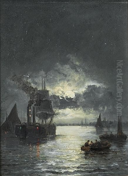 Moonlight On The Thames Oil Painting by William A. Thornley or Thornbery