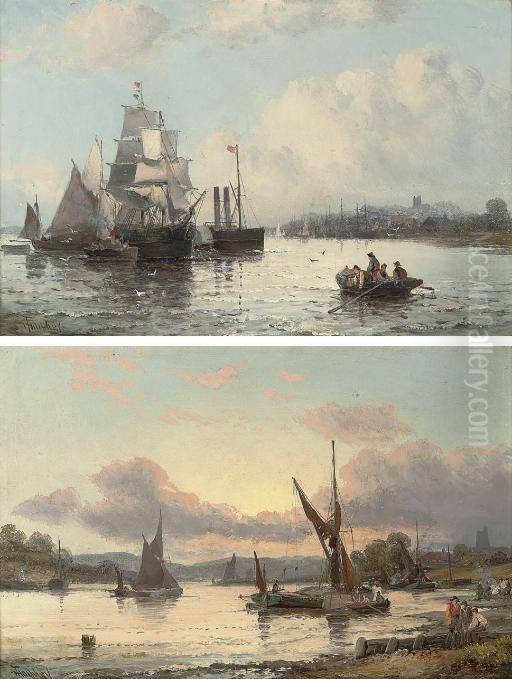 A Paddle Steamer And Other 
Shipping On A River Estuary; And River Traffic At Dusk (both 
Illustrated) Oil Painting by William A. Thornley or Thornbery