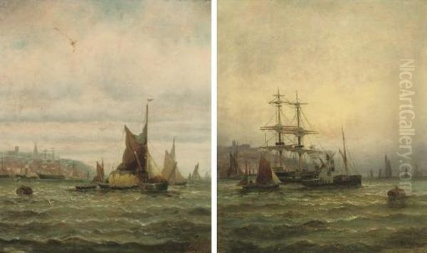 A Hay Barge And Other Shipping 
On The Medway; And Shipping On The Medway (both Illustrated) Oil Painting by William A. Thornley or Thornbery