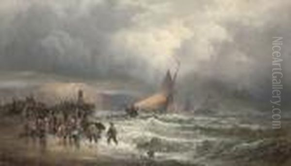 Sorting The Catch On The Beach At Hastings Oil Painting by William A. Thornley or Thornbery