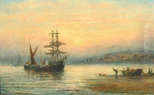 Sail Ships At Sunset On The Medway Oil Painting by William A. Thornley or Thornbery