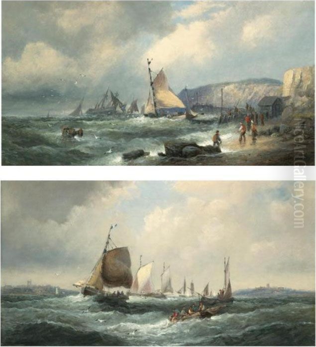 A Man-of-war Aground Off A Headland; Fishing Boats Off The Coast Oil Painting by William A. Thornley or Thornbery