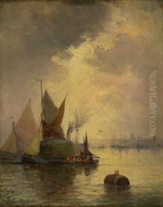 Sailing Barges On The River Medway Near Rochester Oil Painting by William A. Thornley or Thornbery