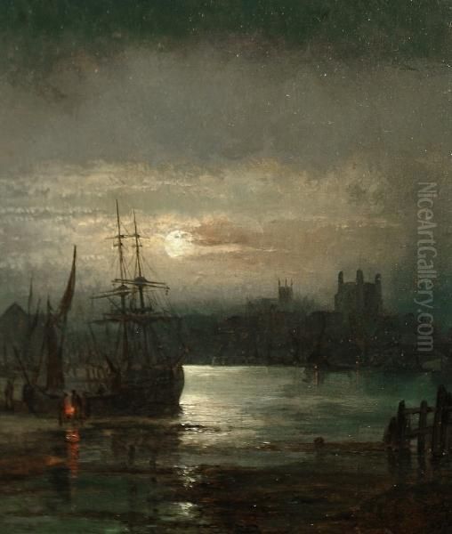 A Moonlit Harbour Scene Oil Painting by William A. Thornley or Thornbery
