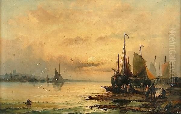 Vessels And A Hulk At Anchor, Sunset Oil Painting by William A. Thornley or Thornbery