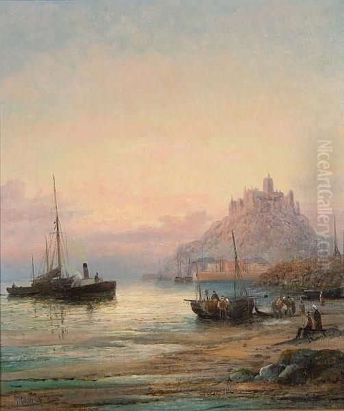 Vessels In The Shallows Before St Michael's Mount Oil Painting by William A. Thornley or Thornbery