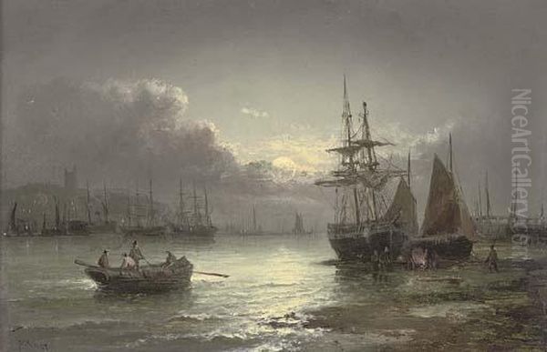Whitby By Moonlight Oil Painting by William A. Thornley or Thornbery