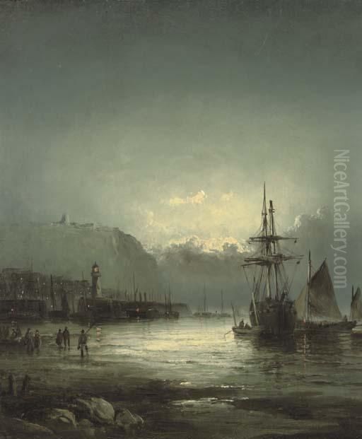 Whitby Harbour At Dusk Oil Painting by William A. Thornley or Thornbery