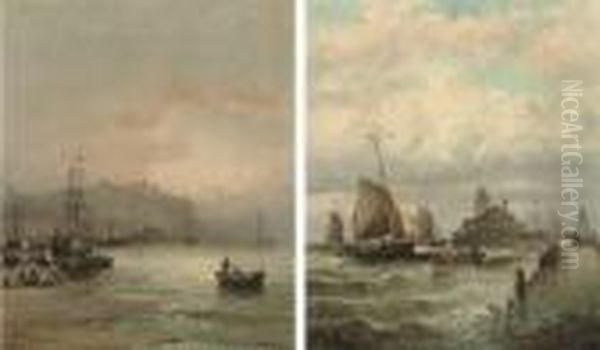 Unloading Near Dover, Dusk; And A Stiff Breeze Off The Pier Oil Painting by William A. Thornley or Thornbery