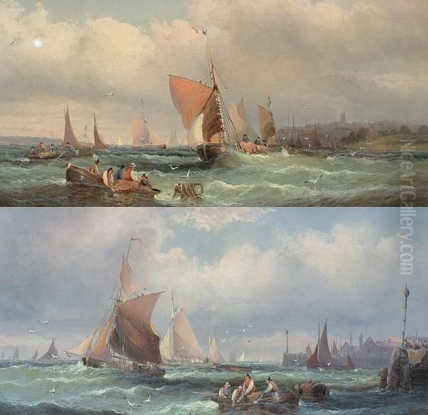 Fishing Boats Off A Harbour, And Another Similar Oil Painting by William A. Thornley or Thornbery