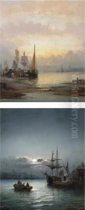 Moonlit Docks; Sunset On The Banks Oil Painting by William A. Thornley or Thornbery